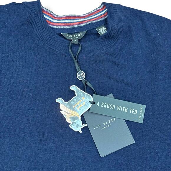 NWT Ted Baker London Men’s Size 5 (XL) Navy Blue Wool Cashmere Crewneck Sweater - Picture 3 of 5